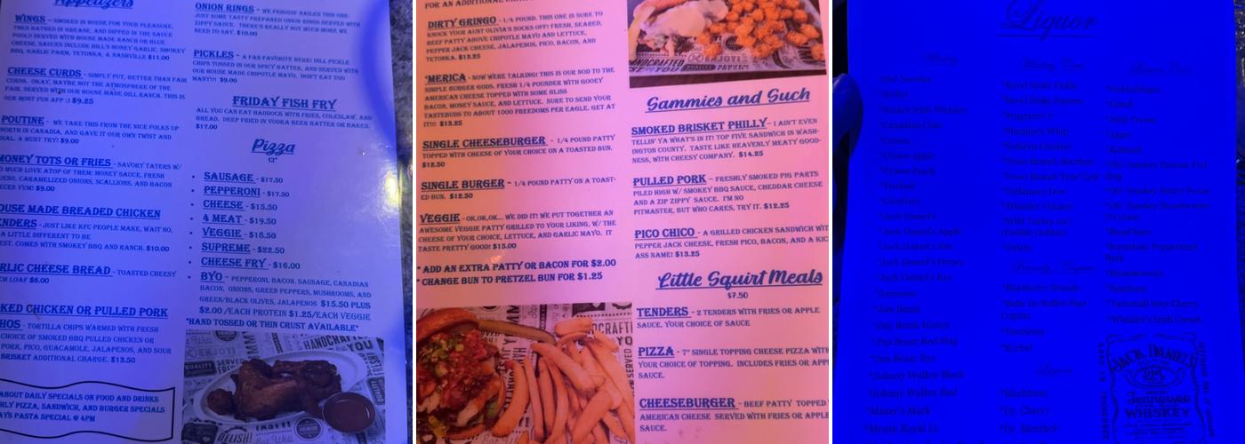 Bill and Roxy's Shenanigans Menu