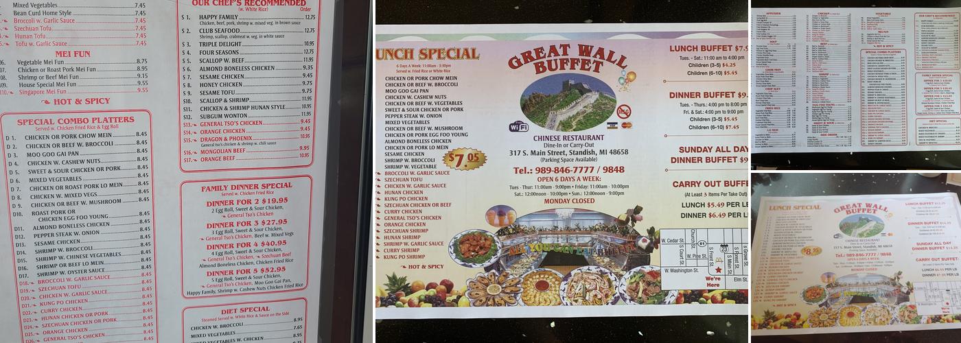 Great Wall Buffet Menu