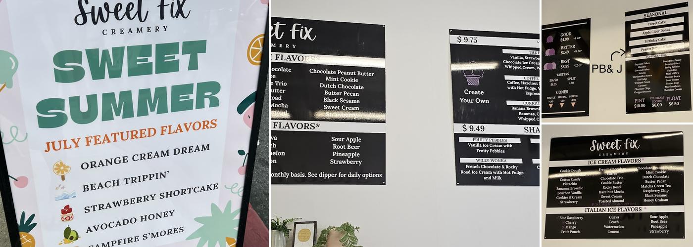 Sweet Fix Creamery Menu