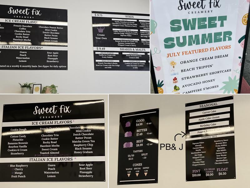 Sweet Fix Creamery Menu