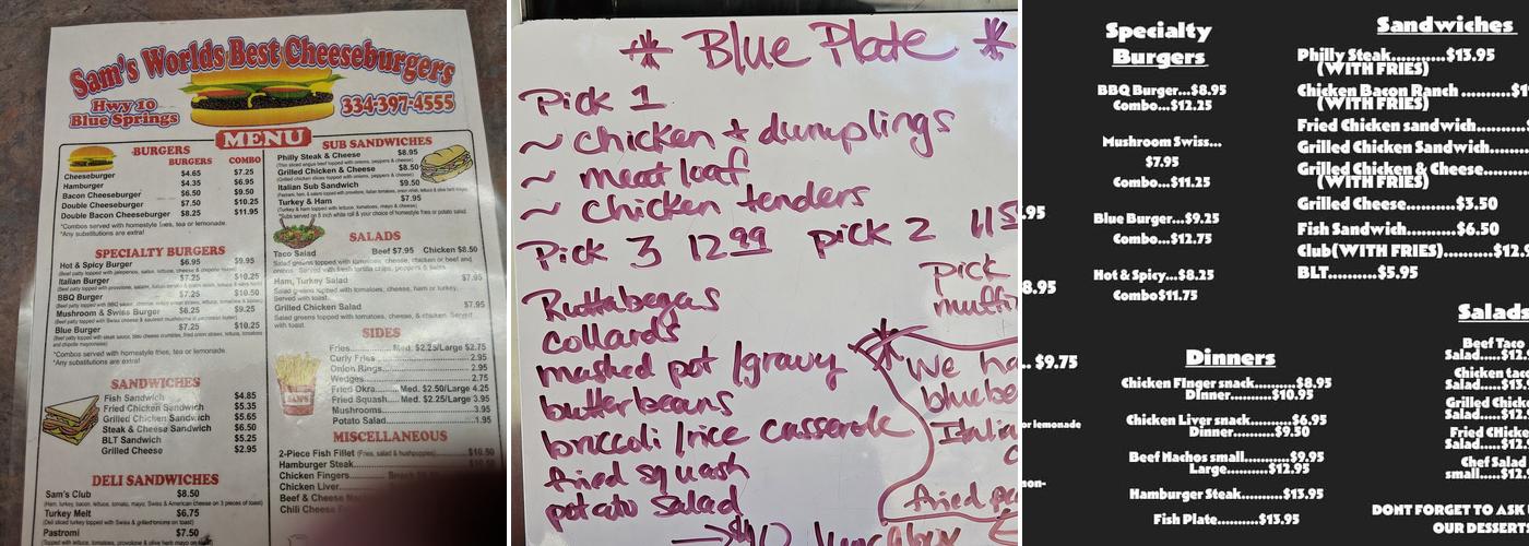 Sam's Worlds Best Cheeseburger Menu