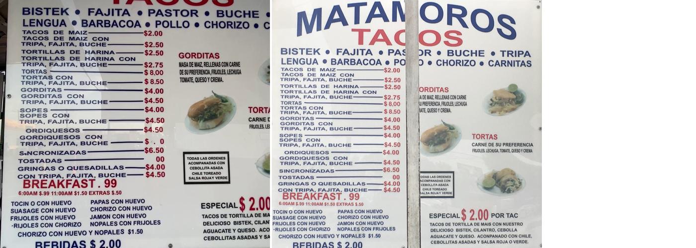 Matamoros Taco Trailer Menu