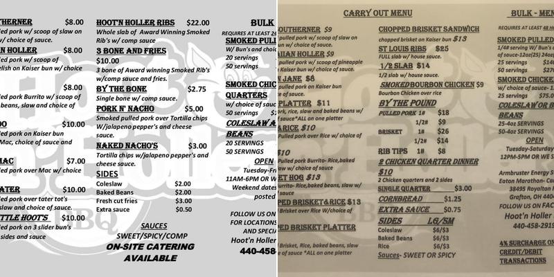 Hoot n' Holler Menu