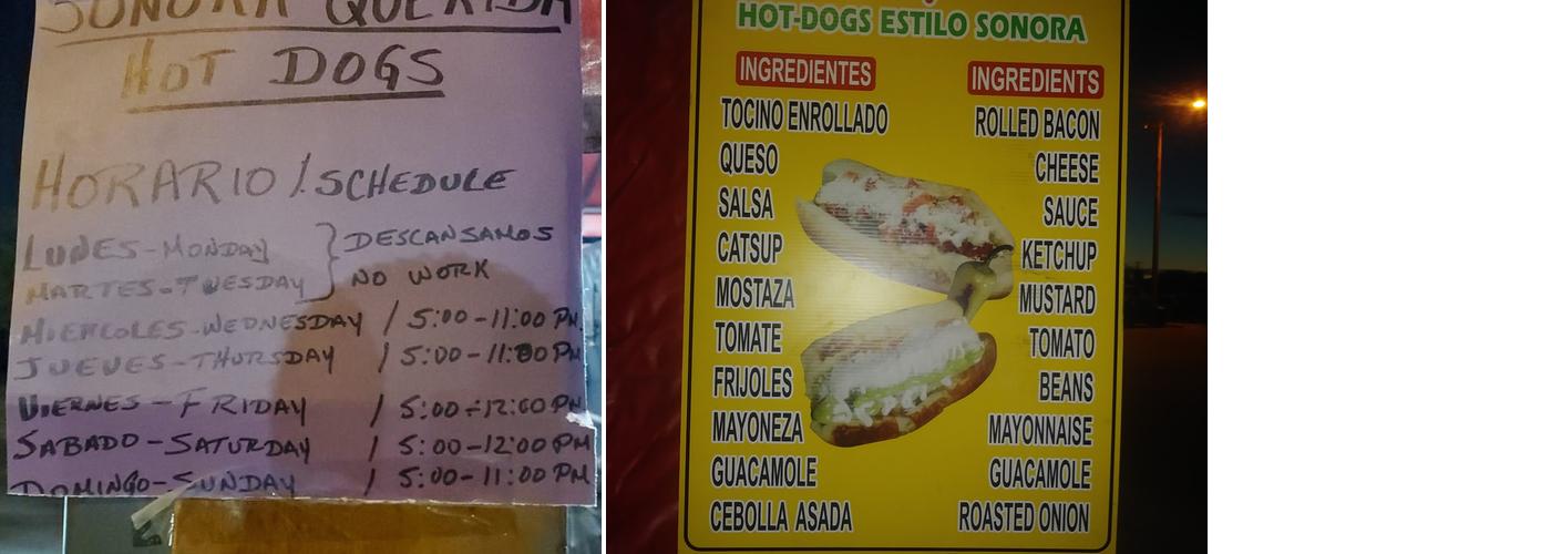 Sonora Querida Hot Dogs Menu