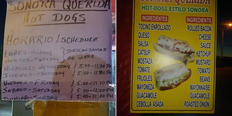 Sonora Querida Hot Dogs Menu