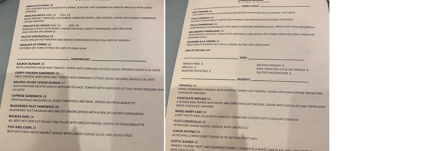 Cucina Italiana Ballroom Menu