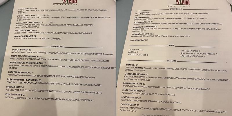 Cucina Italiana Ballroom Menu