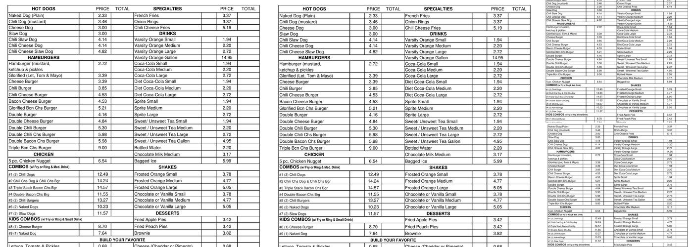 The Varsity Menu