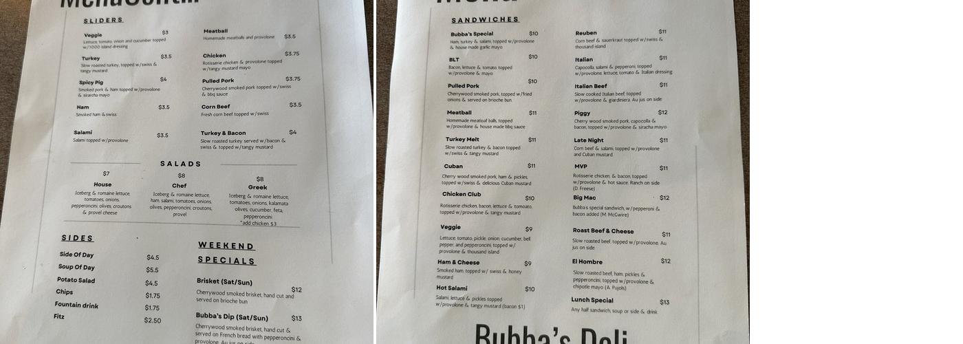 Uncle Bubbas Menu