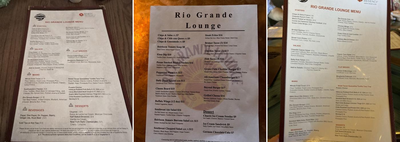 Rio Grande Lounge Menu