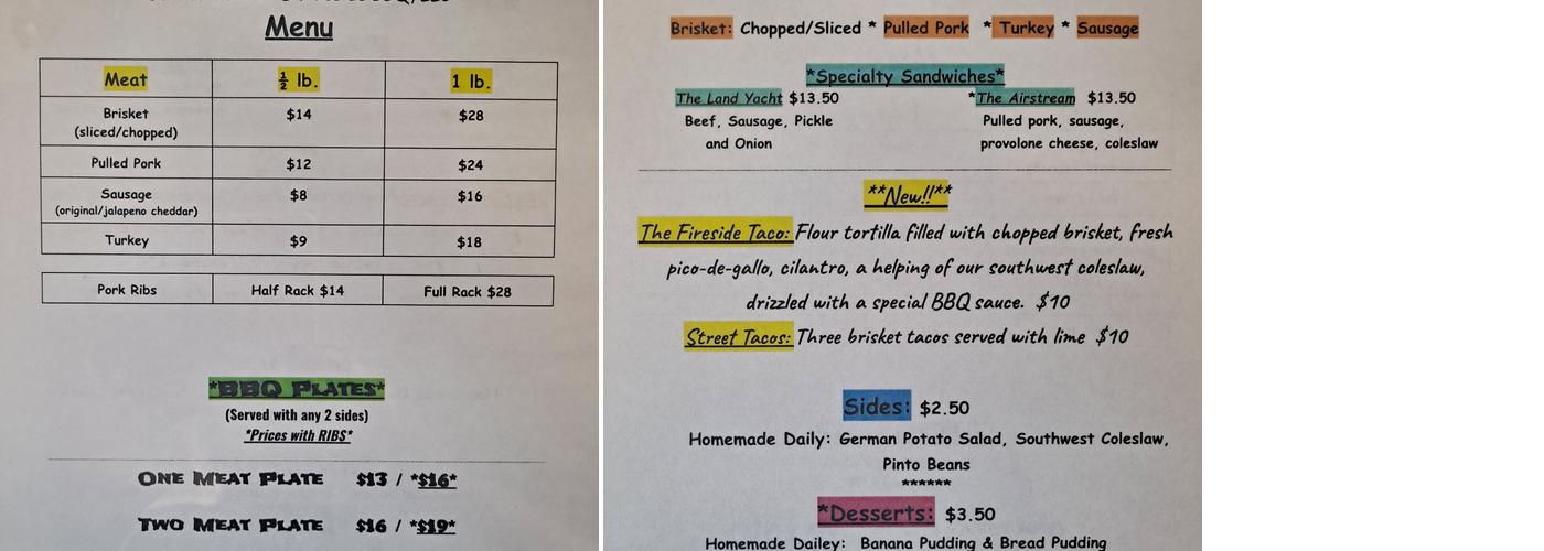 Fireside BBQ, LLC Menu