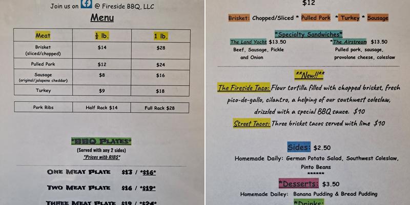 Fireside BBQ, LLC Menu