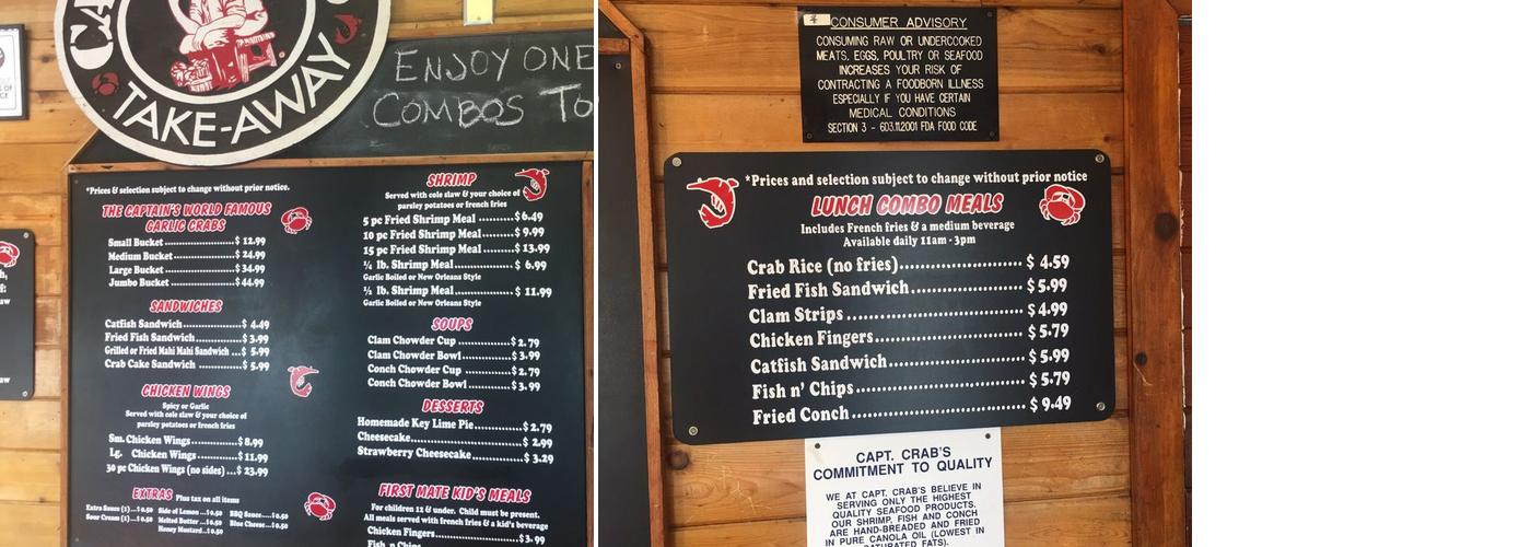 Captain crabs Menu