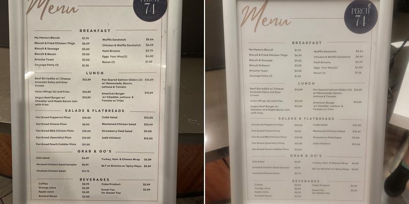 Perch 74 Bistro Menu