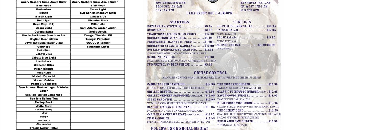 The Cadillac Pub Menu