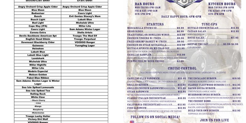 The Cadillac Pub Menu