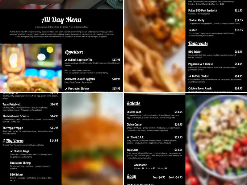 Bubba's Bunkhouse Menu