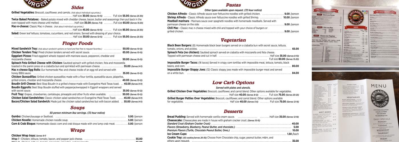 Broaddus Burgers Menu