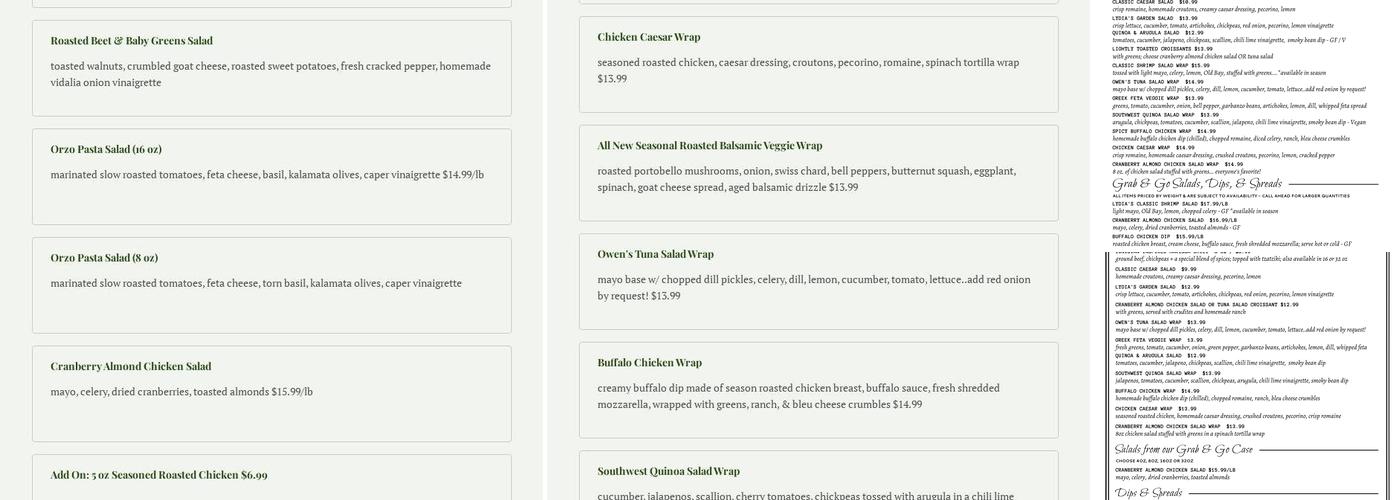 Lydia's Grab & Go Bistro Menu