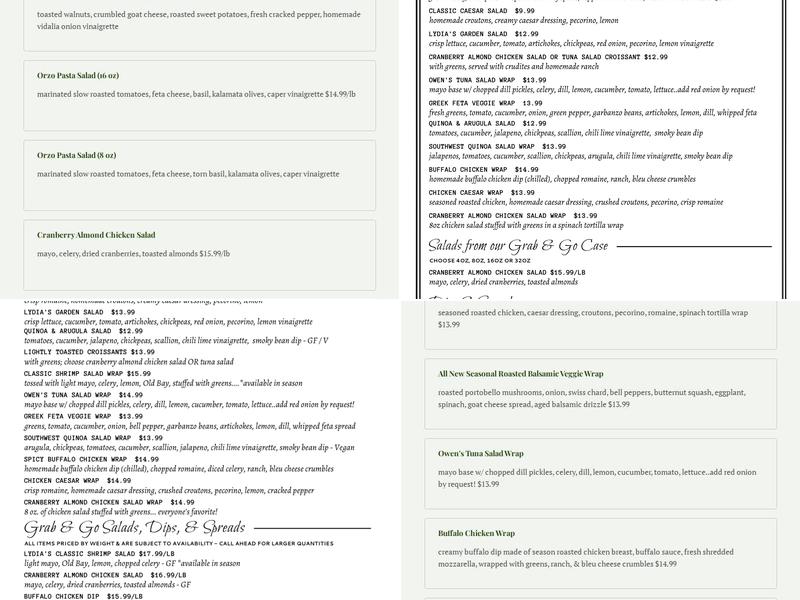 Lydia's Grab & Go Bistro Menu