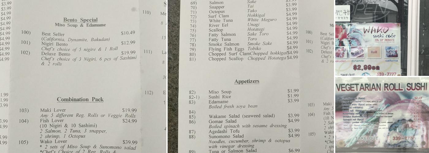 Wako Sushi Cafe Menu