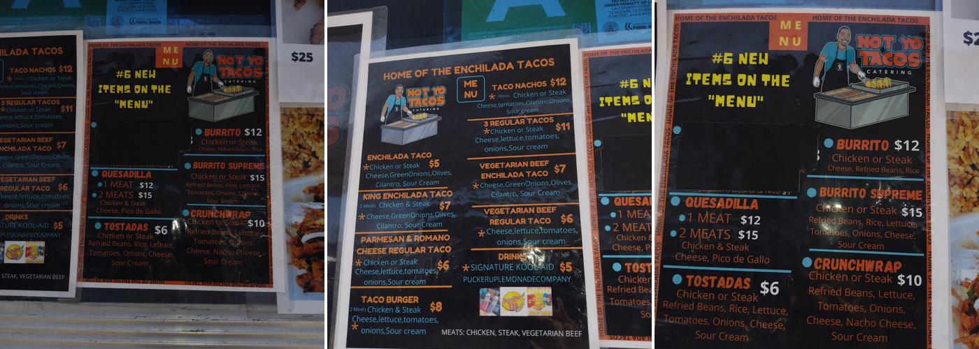 NOT YO TACOS Menu