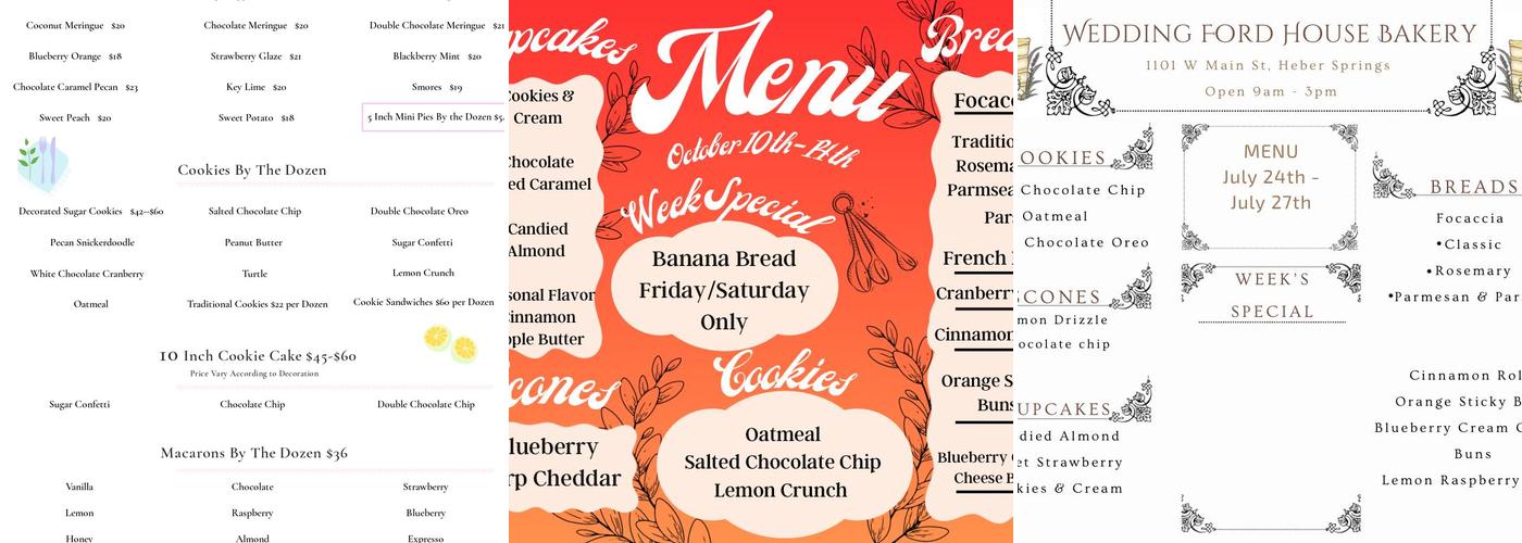 Wedding Ford House Bakery Menu
