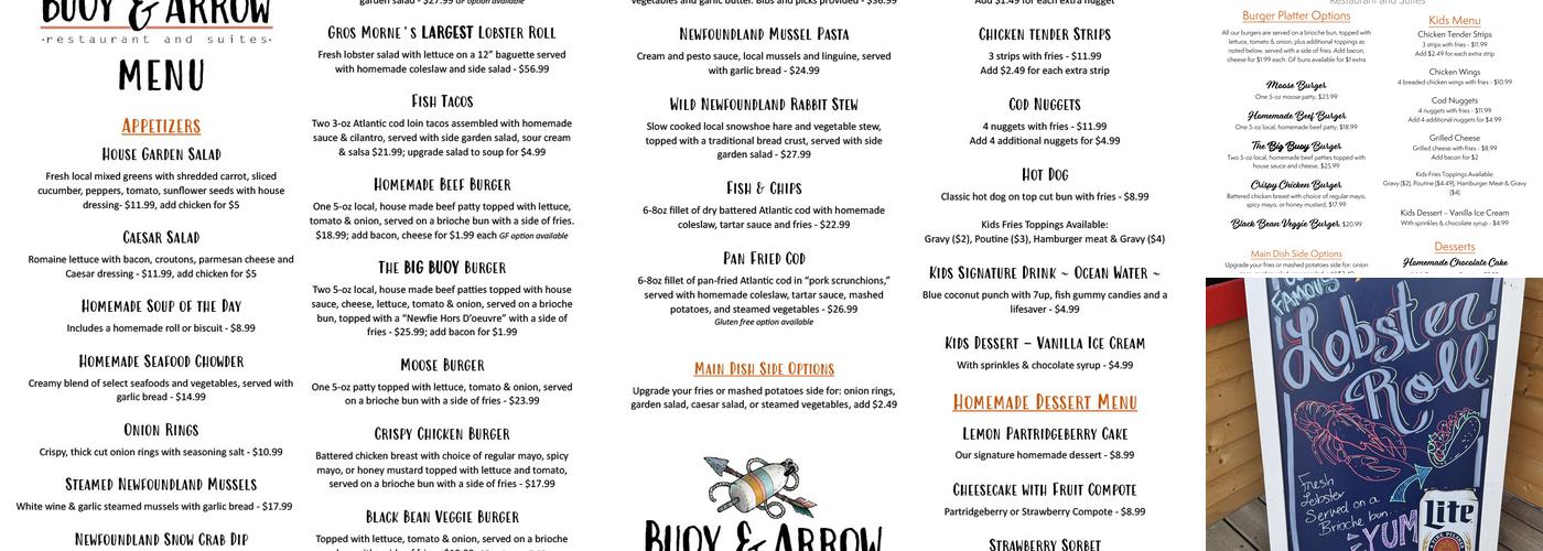 Buoy & Arrow Restaurant and Suites Menu