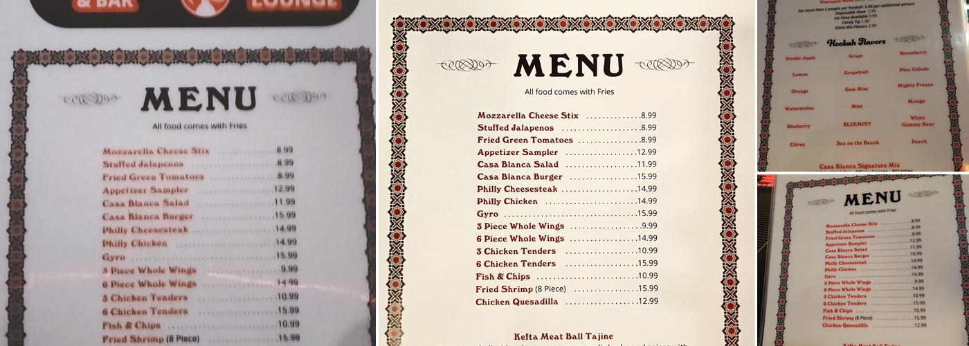 casablanca lounge Menu