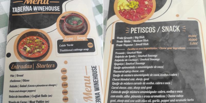 Taberna WineHouse Menu