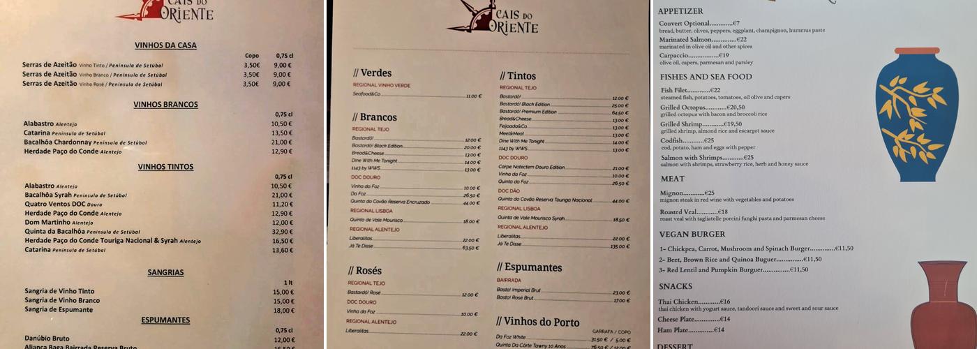 Cais do Oriente Menu