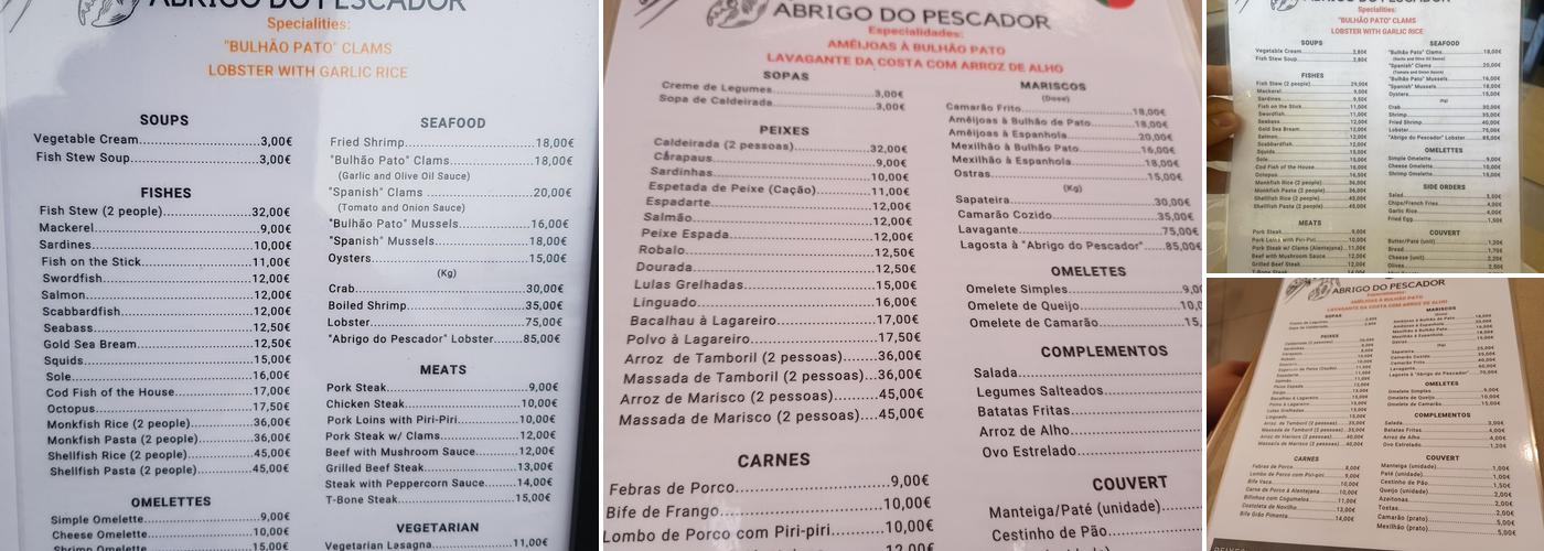 Abrigo do Pescador Menu