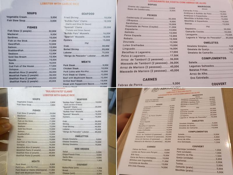 Abrigo do Pescador Menu