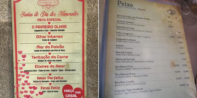 Recanto da Vila Menu
