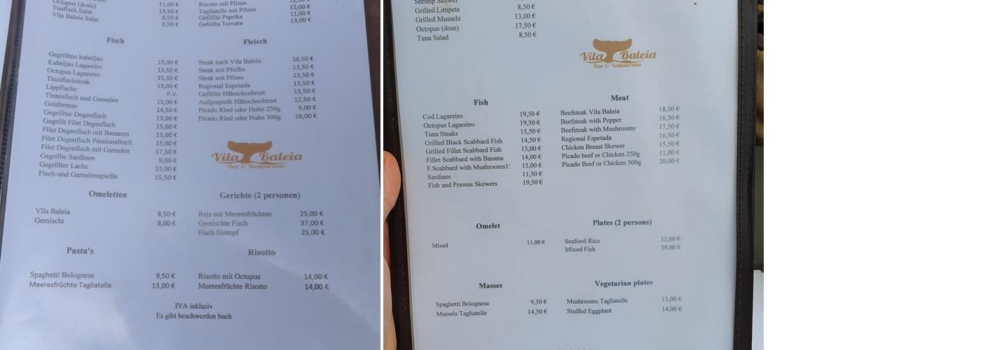 Vila Baleia Menu