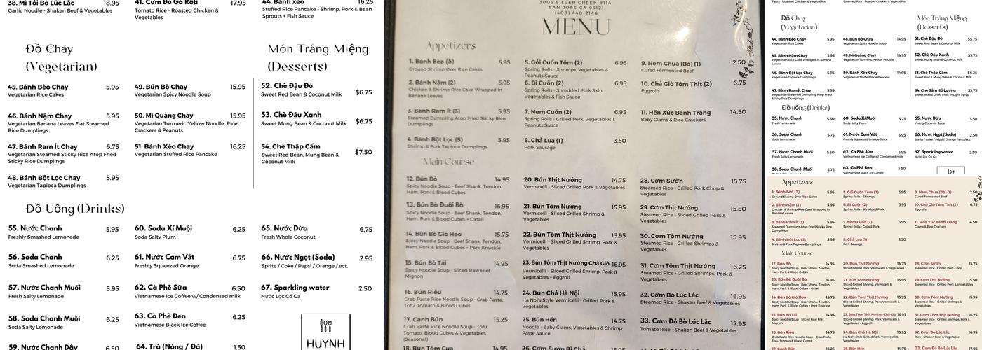 Huynh Dining (Bun Bo) Menu