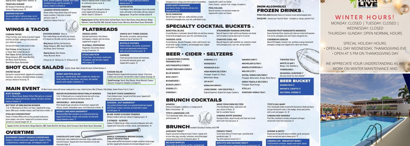 Cabana Live Menu