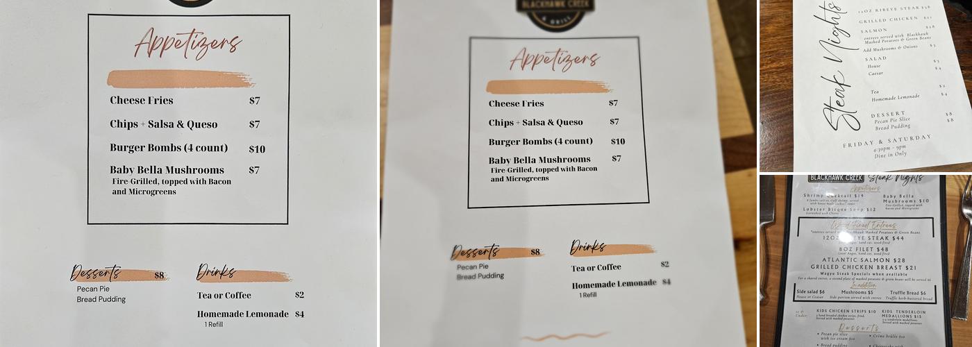 Blackhawk Creek General Store and Grill Menu