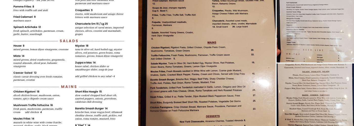 Baretto Bistro Menu