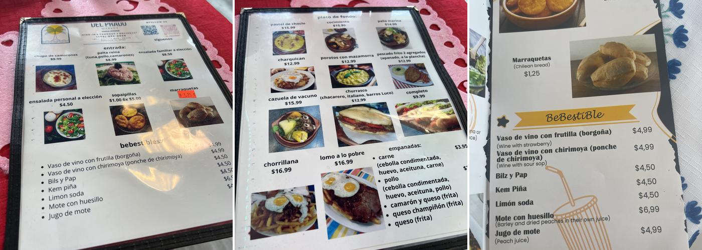 Del Prado Market restaurante chileno Menu