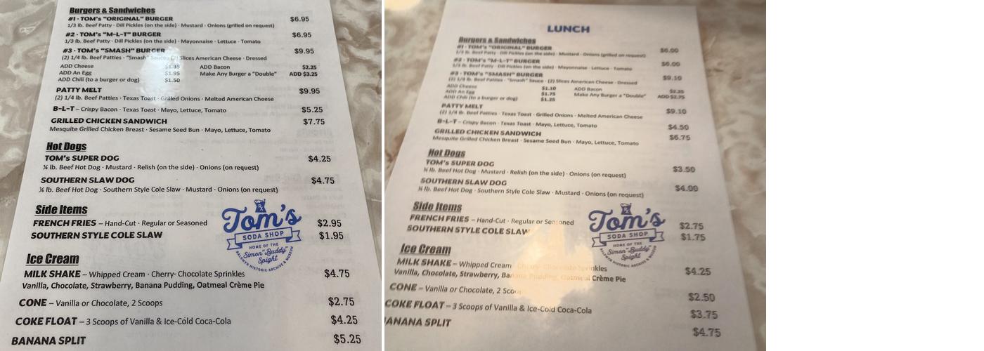 Tom's Soda Shop Menu