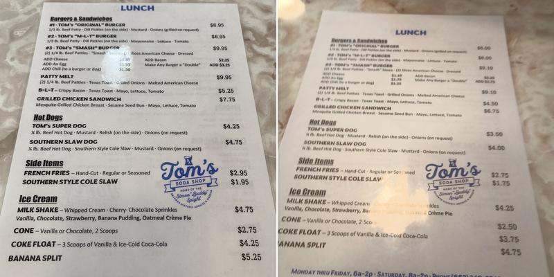Tom's Soda Shop Menu