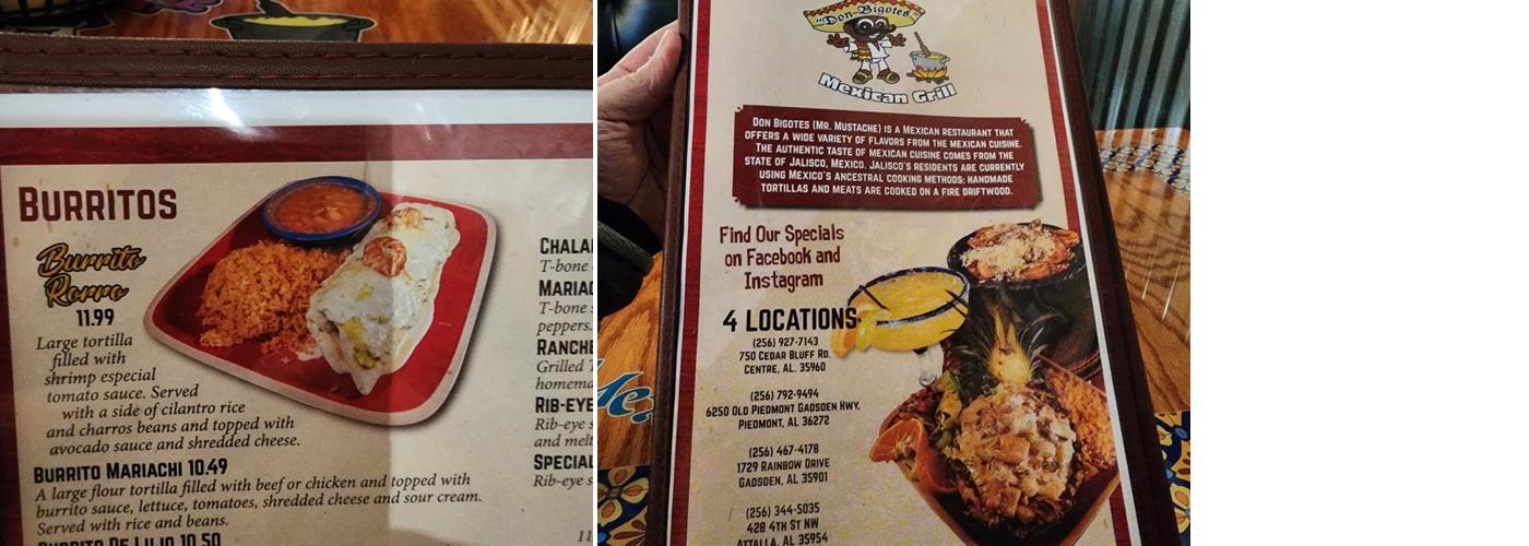 Don Bigotes Attalla Mexican Grill Menu