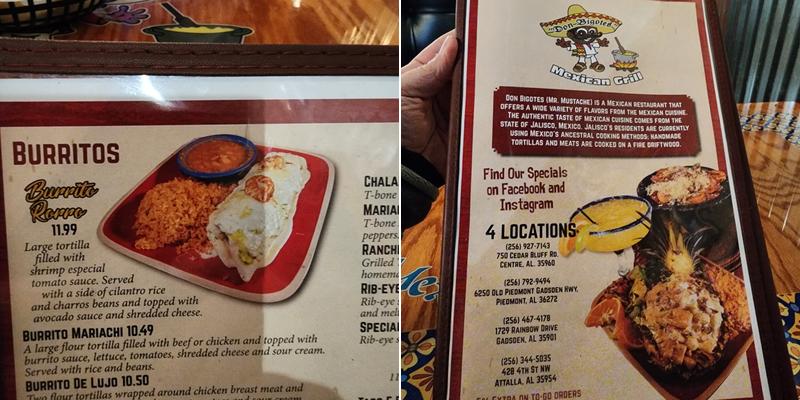 Don Bigotes Attalla Mexican Grill Menu