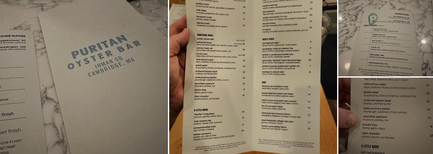Puritan Oyster Bar Menu