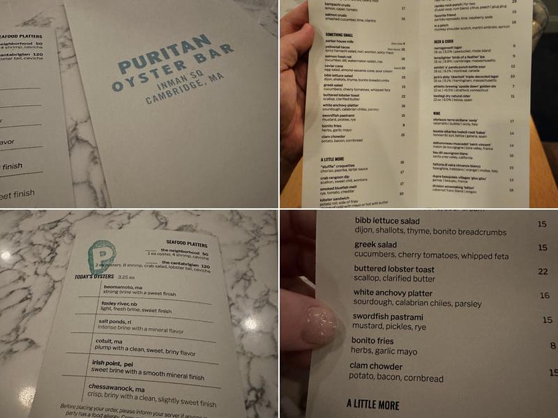 Puritan Oyster Bar Menu