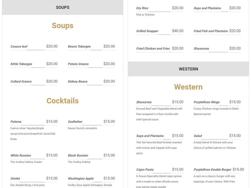 PurpleRose Lounge, Bar & Restaurant Menu