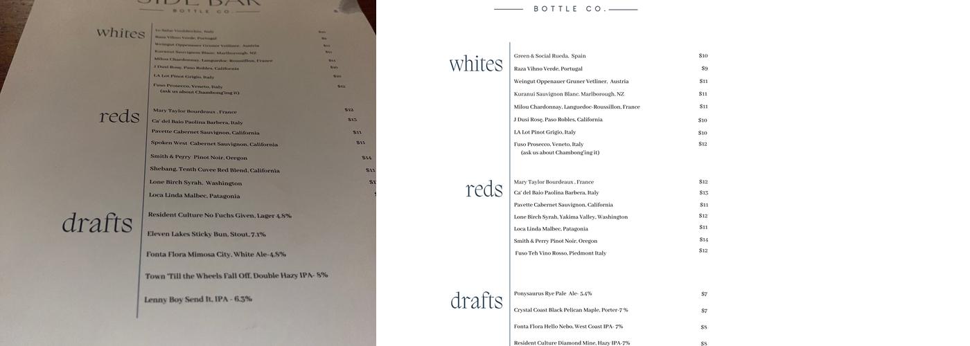 Side Bar Bottle Company Menu