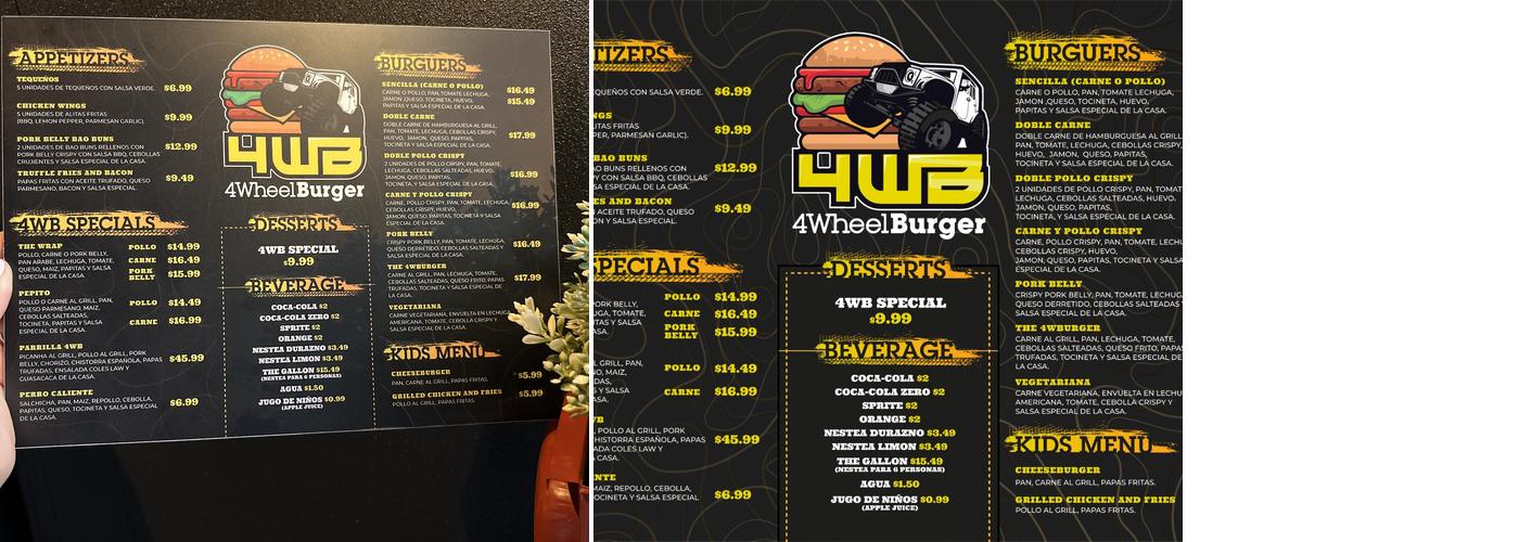 4Wheel lunch & burgers Menu