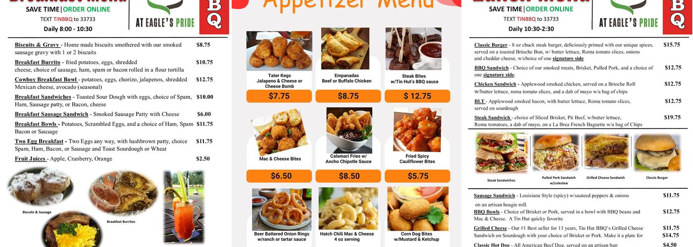 Tin Hut BBQ Eagles Pride Menu